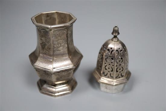 A 1930s silver cream jug, a silver sugar bowl and a silver caster, 9oz.